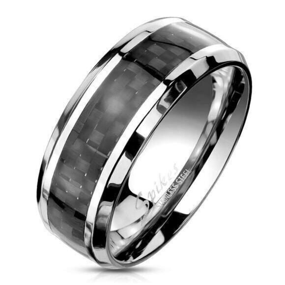 Black Carbon Fiber Center Beveled Edges Stainless Steel Ring‎ size 12 - Picture 1 of 2